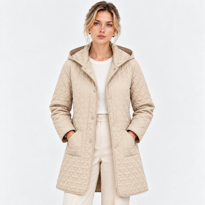 Aviellea | Women's Quilted Trench Coat – Hooded Mid-Length Jacket — Apricot