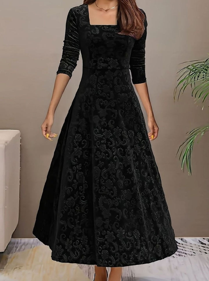 Avrienne | Women's Elegant Square Neck Velvet Party Dress Floral Embossed A-Line Midi — Black