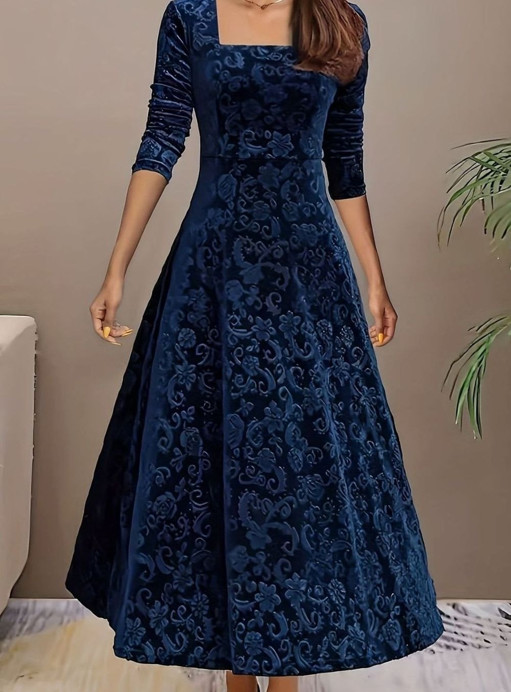 Avrienne | Women's Elegant Square Neck Velvet Party Dress Floral Embossed A-Line Midi — Blue