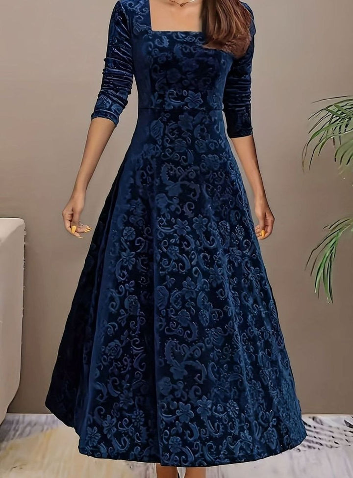 Avrienne | Women's Elegant Square Neck Velvet Party Dress Floral Embossed A-Line Midi — Blue