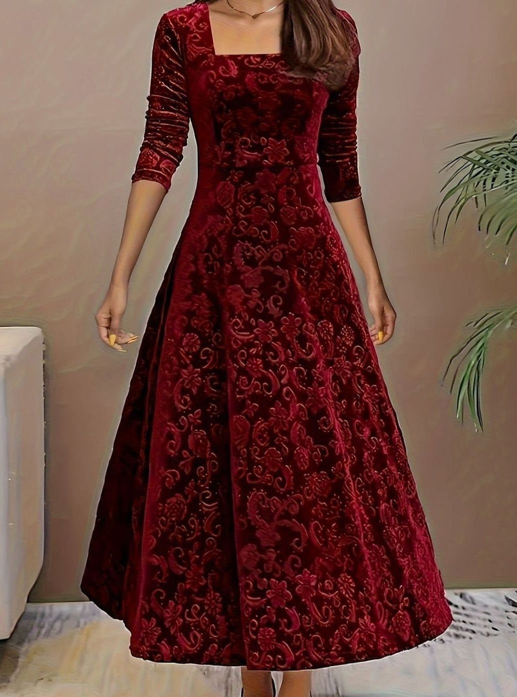 Avrienne | Women's Elegant Square Neck Velvet Party Dress Floral Embossed A-Line Midi — 1