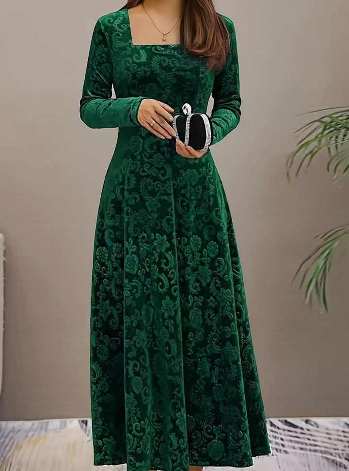 Avrienne | Women's Elegant Square Neck Velvet Party Dress Floral Embossed A-Line Midi — Green