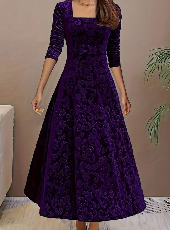 Avrienne | Women's Elegant Square Neck Velvet Party Dress Floral Embossed A-Line Midi — Purple