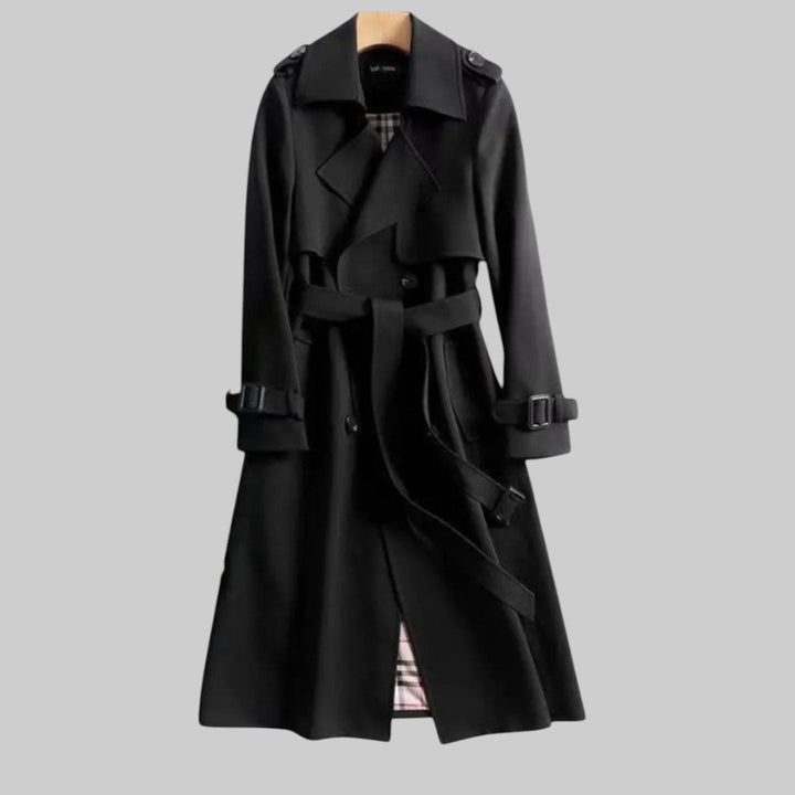 Azelie | Women's Double Breasted Long Trench Coat — Black