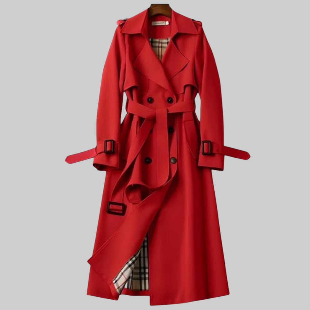 Azelie | Women's Double Breasted Long Trench Coat — Red