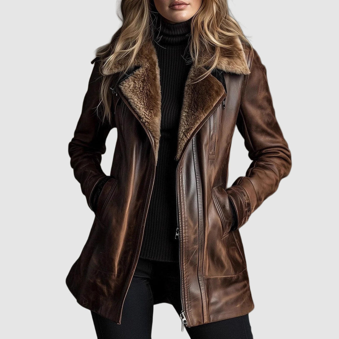 Azura | Women's Casual Stretch Leather Jacket with Shearling Fur Collar & Zip Front Top — Brown