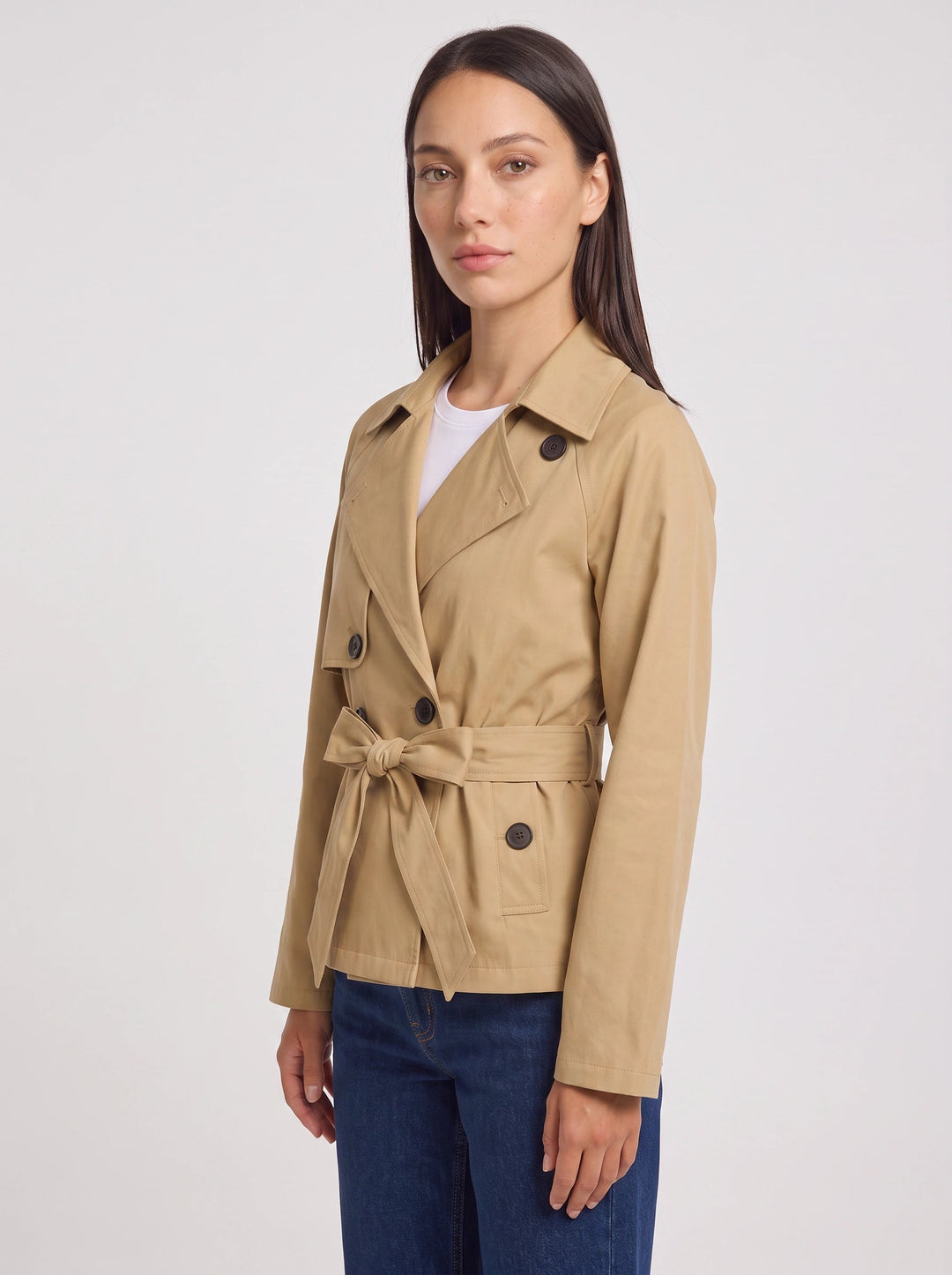 Baila | Women's Cropped Belted Trench Jacket – Double Breasted Tie Waist Coat Smart Casual Work Outerwear — Beige