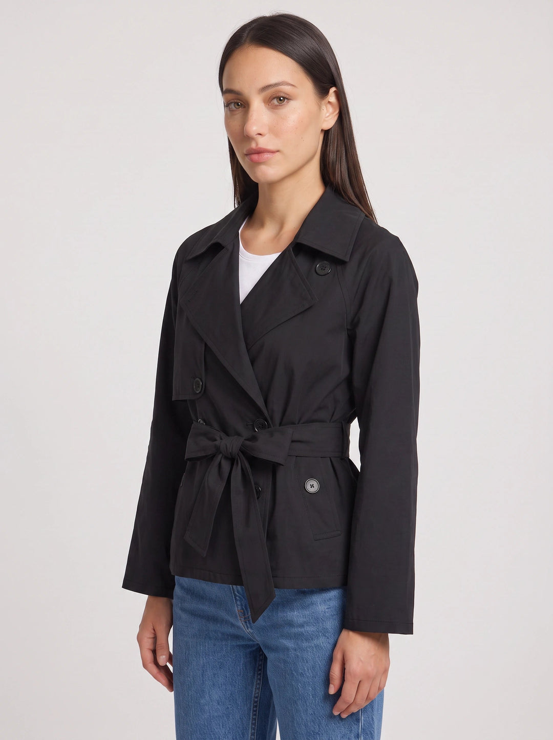 Baila | Women's Cropped Belted Trench Jacket – Double Breasted Tie Waist Coat Smart Casual Work Outerwear — Black