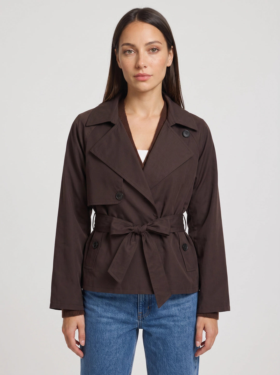 Baila | Women's Cropped Belted Trench Jacket – Double Breasted Tie Waist Coat Smart Casual Work Outerwear — 1