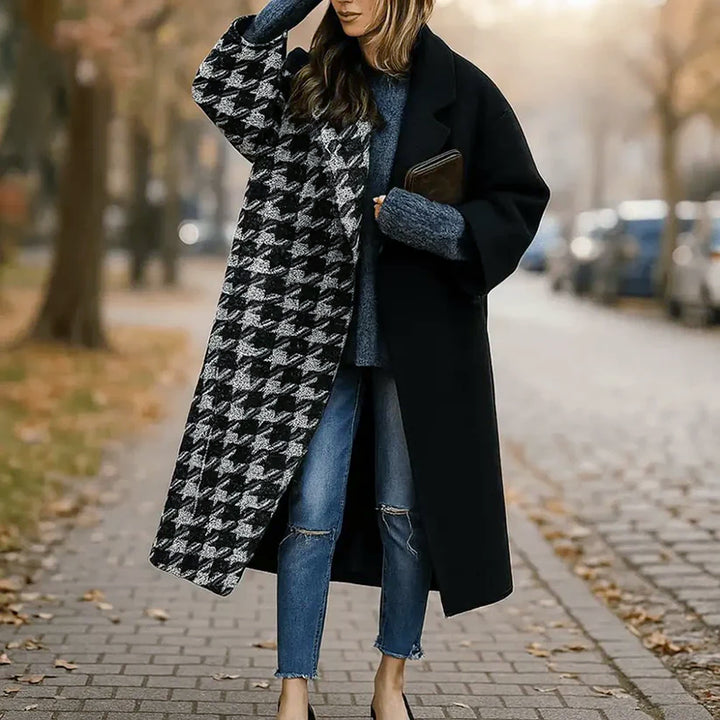 Banjoa | Women's Oversized Wide-Lapel Woolen Coat — Black