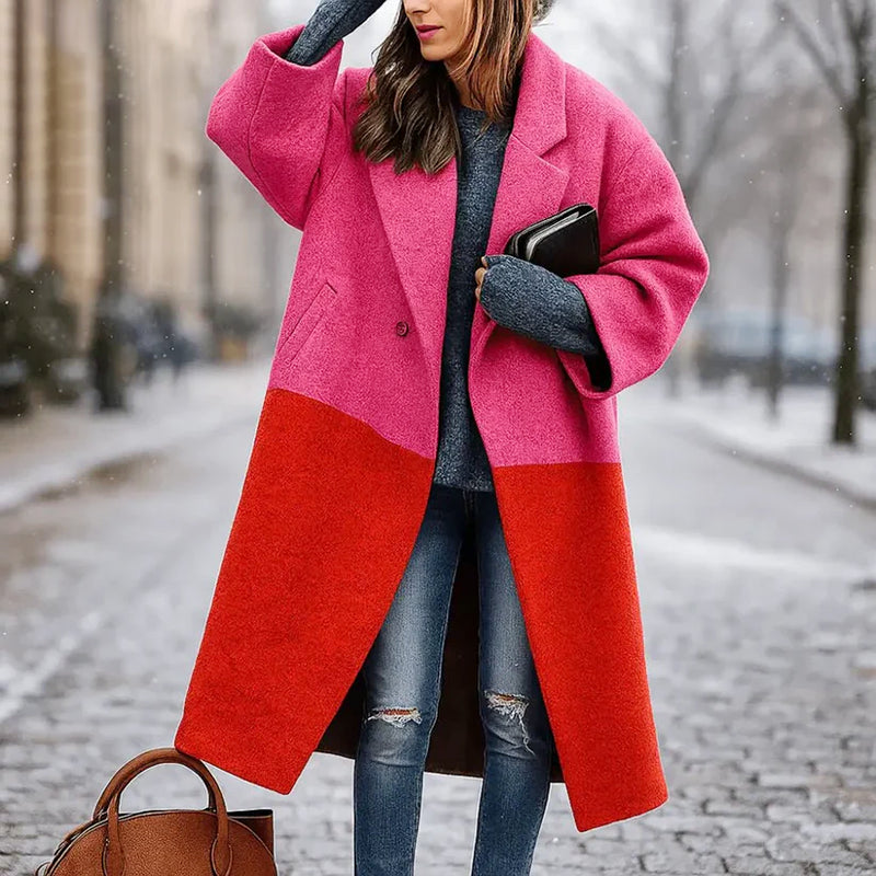Banjoa | Women's Oversized Wide-Lapel Woolen Coat — Red