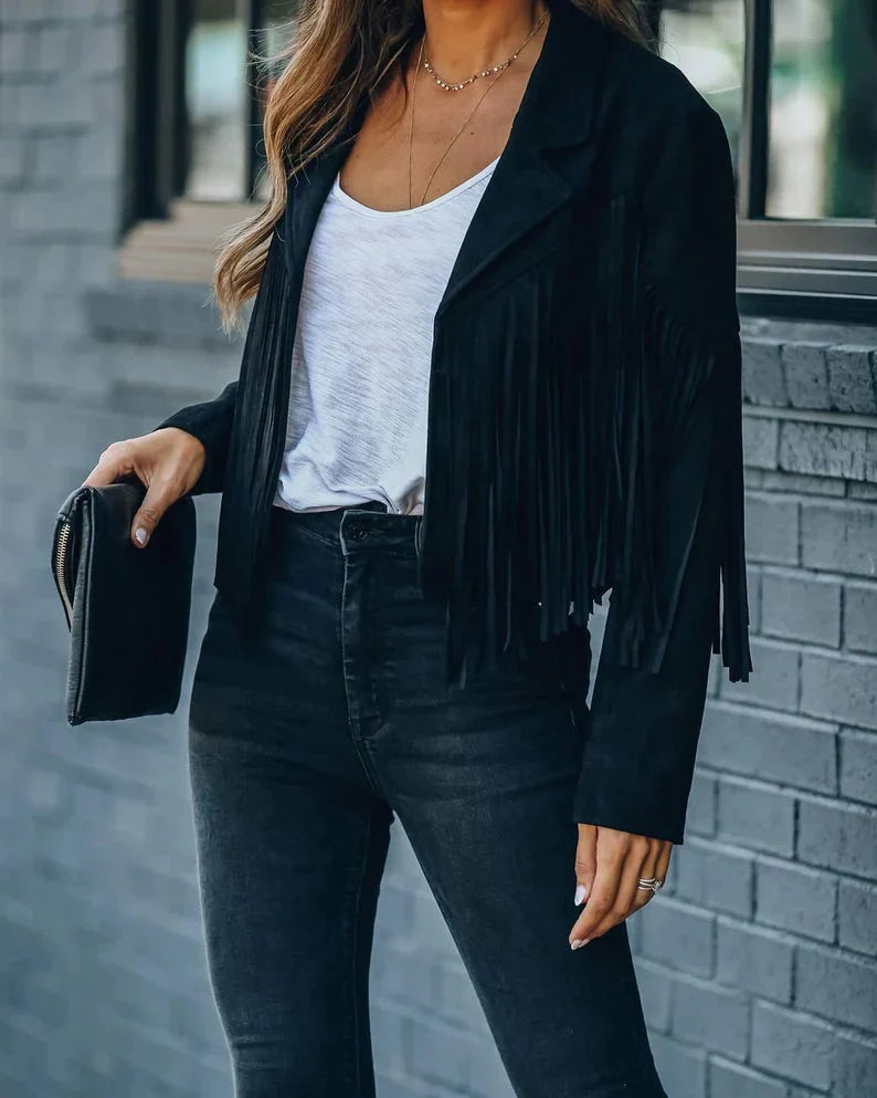 Belia | Women's Fringe Jacket — Black