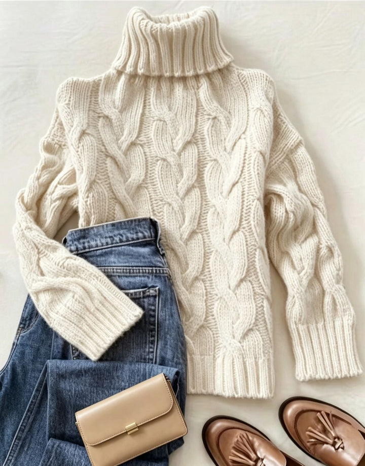 Bellamy | Women's Cozy Refined Chunky Cable Turtleneck Knit Sweater — Beige White