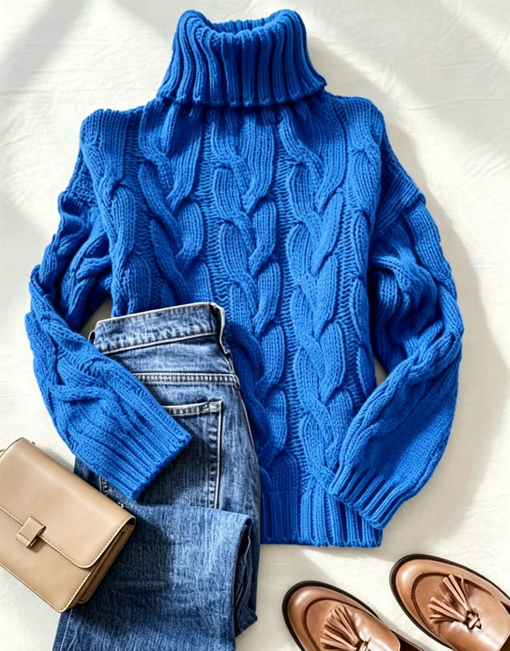 Bellamy | Women's Cozy Refined Chunky Cable Turtleneck Knit Sweater — Cobalt Blue