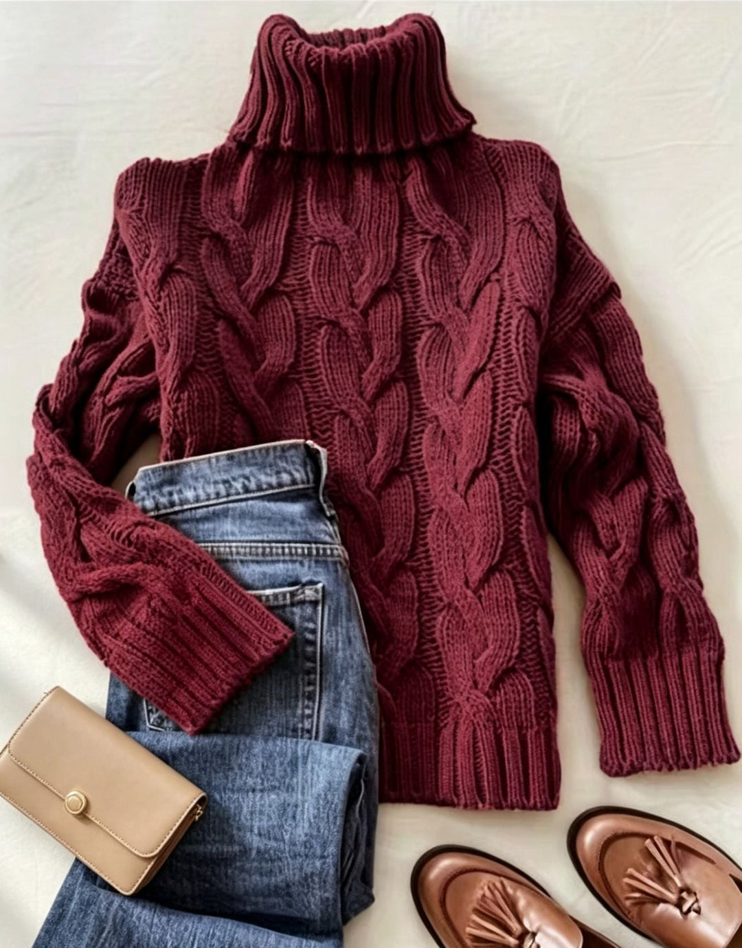 Bellamy | Women's Cozy Refined Chunky Cable Turtleneck Knit Sweater — Wine Red