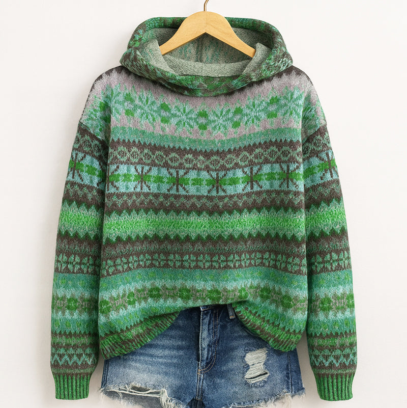 Bellatrix | Women's Cozy Fair Isle Knit Hoodie — Green