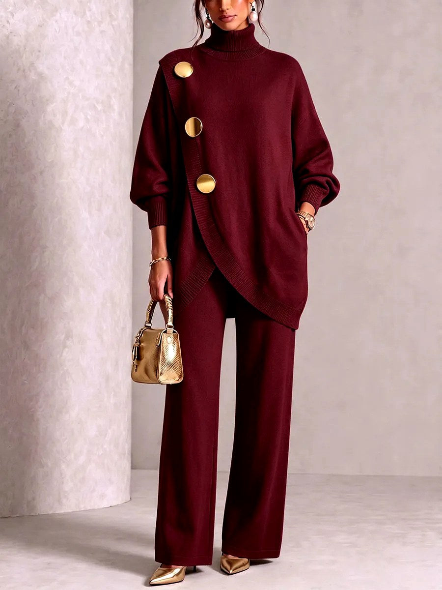 Bellina | Women's Cozy Turtleneck Sweater and Wide Leg Pants Set — 1