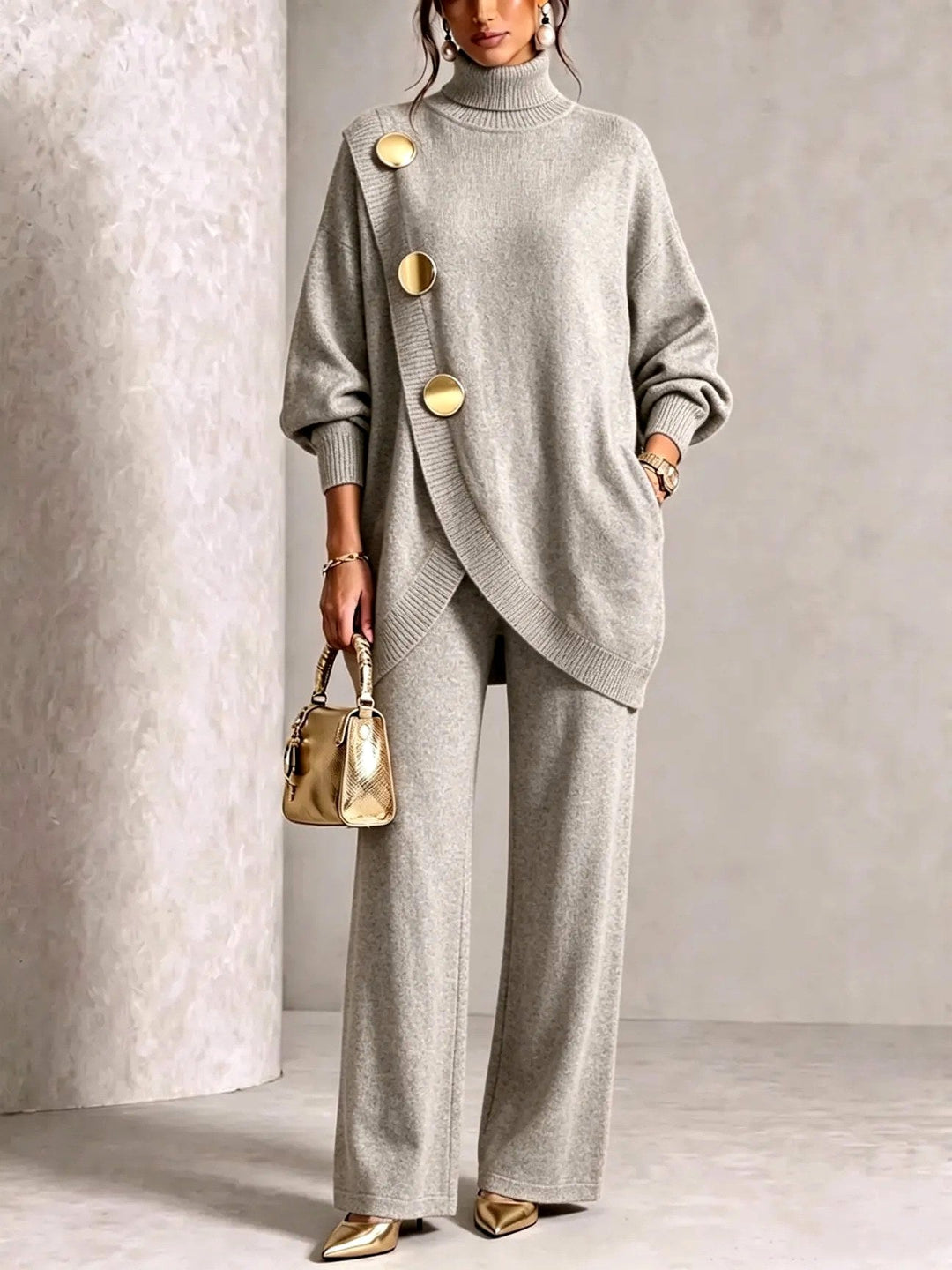 Bellina | Women's Cozy Turtleneck Sweater and Wide Leg Pants Set — Light Gray