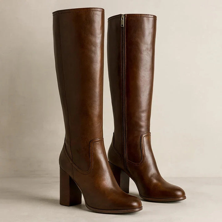 Belvanne | Women's Refined Knee High Stacked Block Heel Boots — Brown