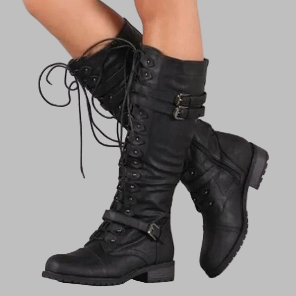 Benna | Women's Combat Boots with Lace Up and Buckle Detail — 1