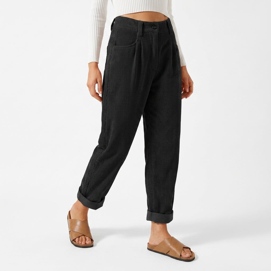 Bethy | Women's Wide-Leg Tailored Pleated Corduroy Trousers — Black