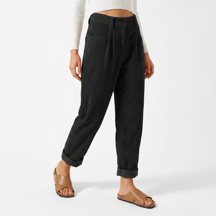 Bethy | Women's Wide-Leg Tailored Pleated Corduroy Trousers — Black