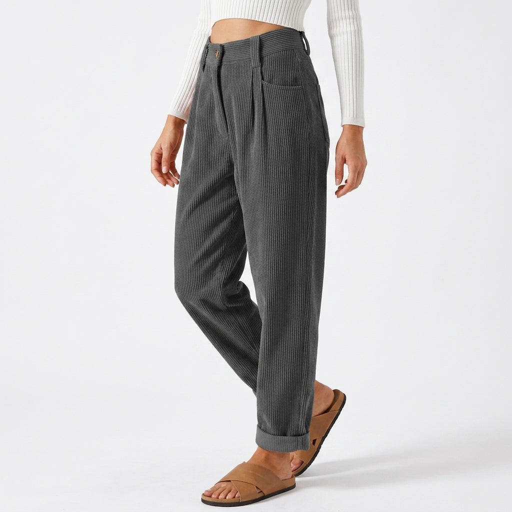 Bethy | Women's Wide-Leg Tailored Pleated Corduroy Trousers — Grey
