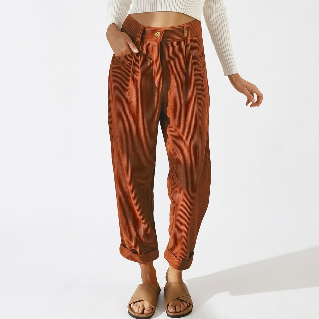 Bethy | Women's Wide-Leg Tailored Pleated Corduroy Trousers — Orange