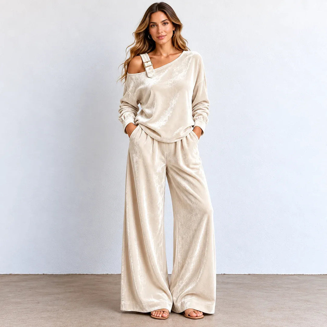 Bette | Women's Matching Off-shoulder Velvet Wide-Leg Two-Piece Set — Khaki