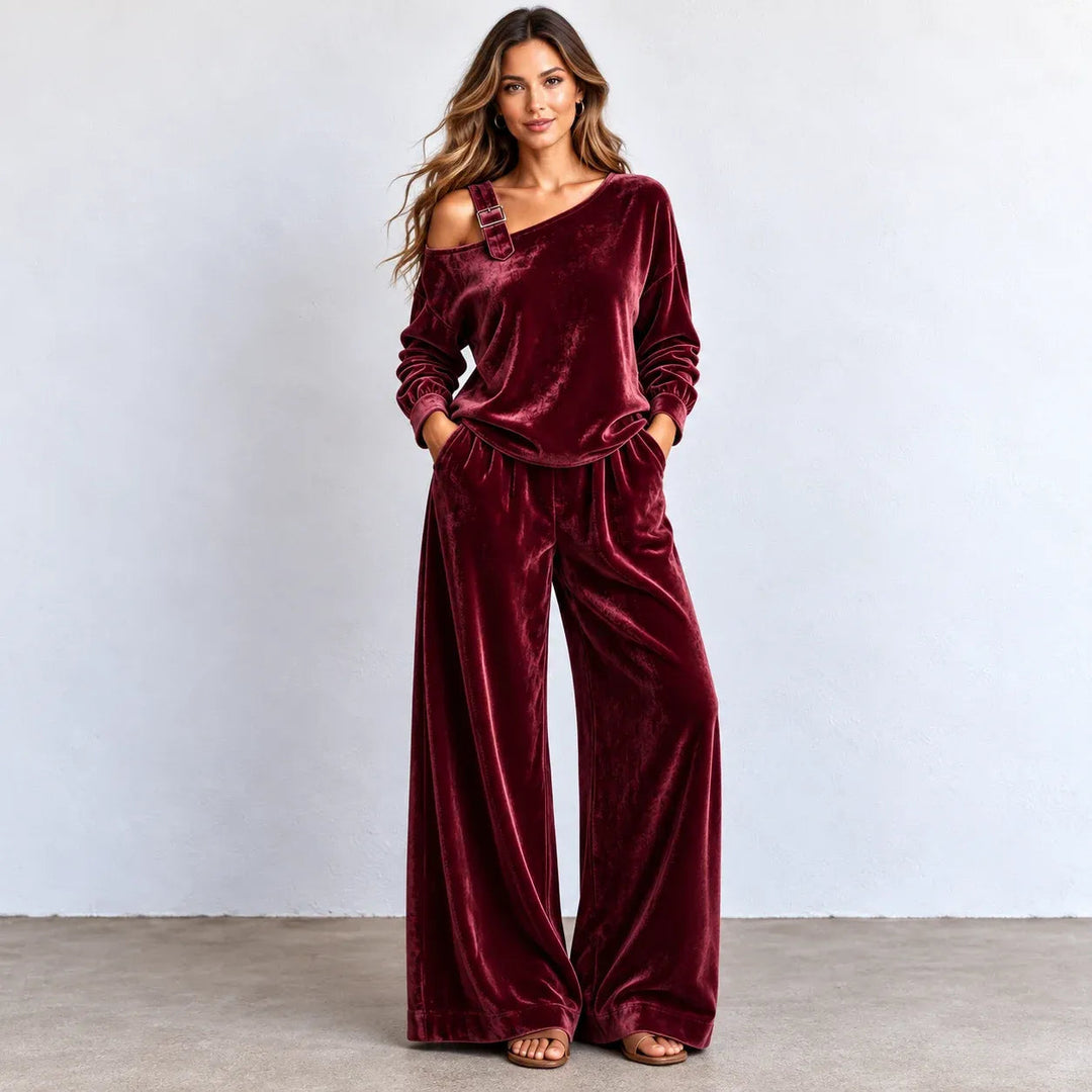 Bette | Women's Matching Off-shoulder Velvet Wide-Leg Two-Piece Set — Wine Red