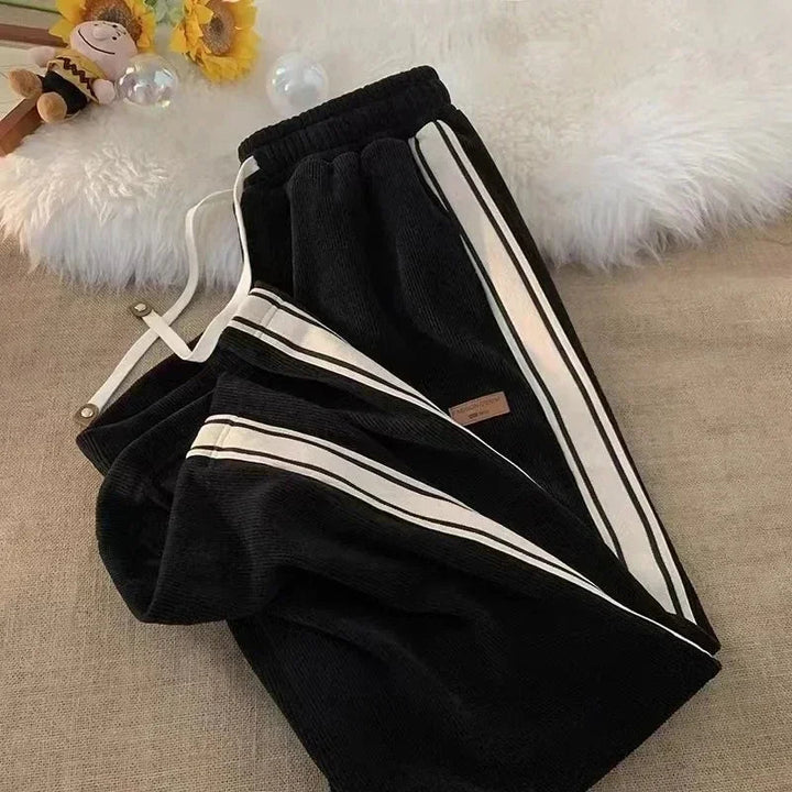 Bexlee | Women's Tailored Striped Wide Leg Corduroy Pants — Black