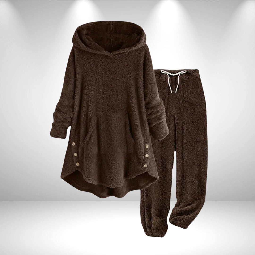 Bexleyaine | Women's Casual Stretch Fleece Hoodie Tunic Lounge Set — Brown