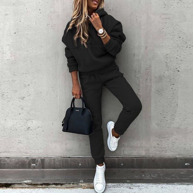 Bexleycine | Women's Matching Fleece Hoodie Two Piece Set with Drawstring Hood Kangaroo Pocket Relaxed Jogger Casual Style — 1