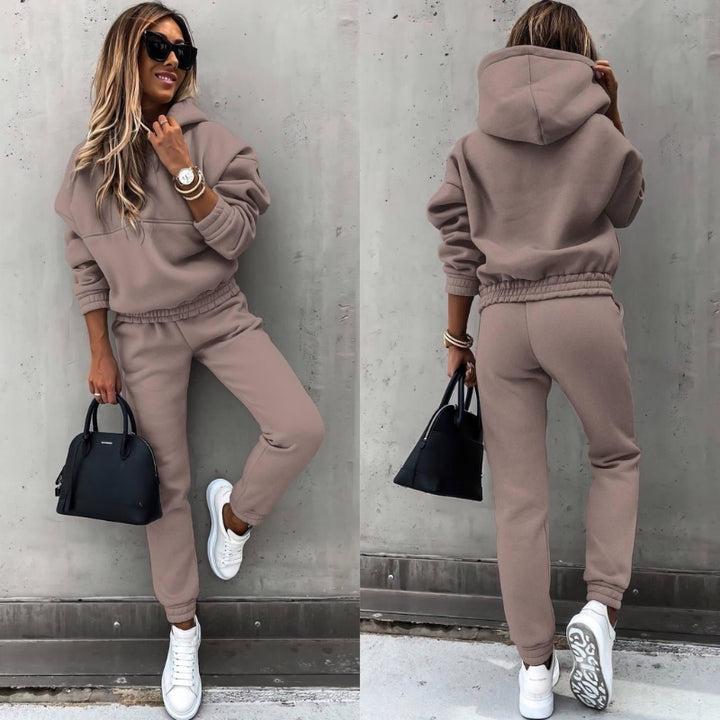 Bexleycine | Women's Matching Fleece Hoodie Two Piece Set with Drawstring Hood Kangaroo Pocket Relaxed Jogger Casual Style — Camel