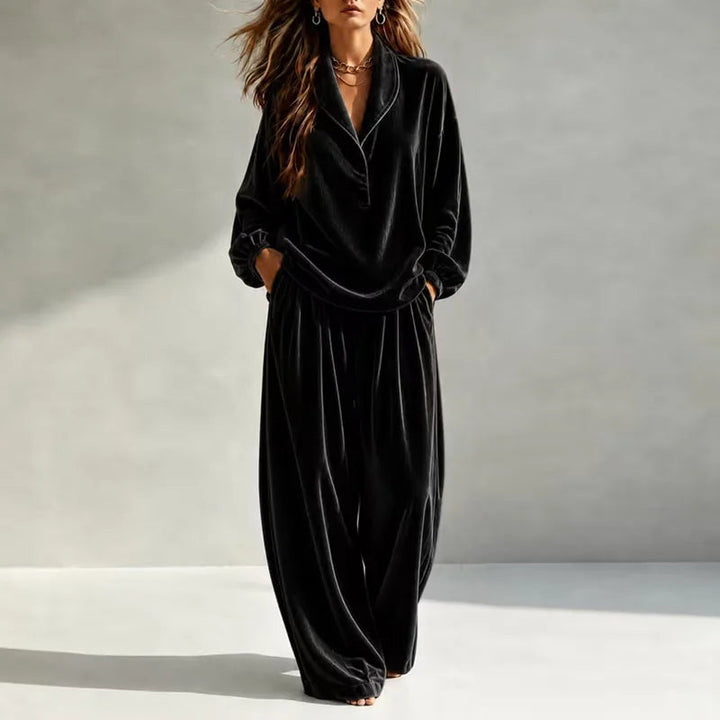 Bexleyreth | Women's Casual Stretch Velvet Wide Leg Set — Black