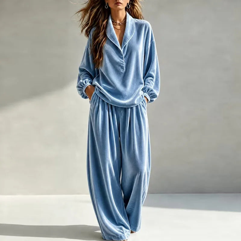 Bexleyreth | Women's Casual Stretch Velvet Wide Leg Set — Blue