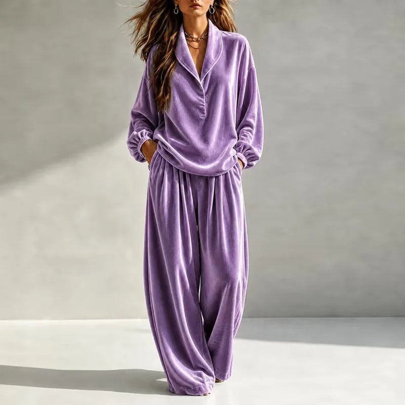 Bexleyreth | Women's Casual Stretch Velvet Wide Leg Set — 1
