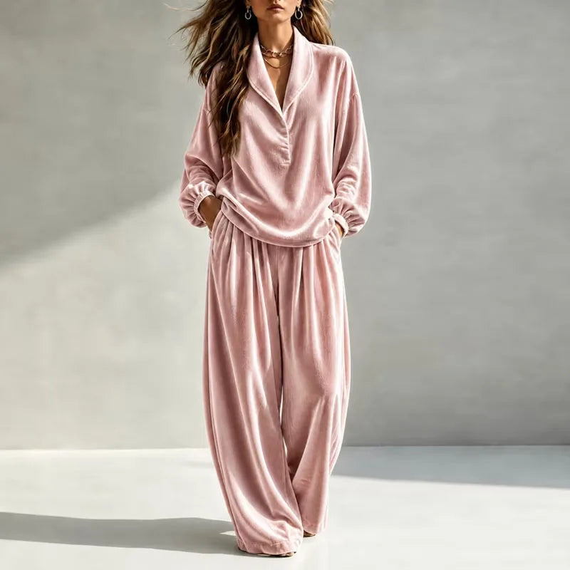 Bexleyreth | Women's Casual Stretch Velvet Wide Leg Set — 2
