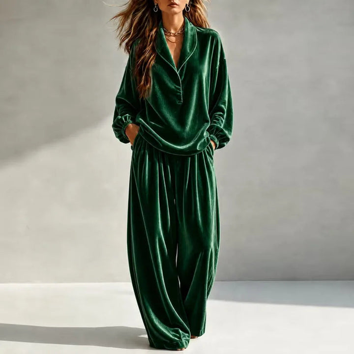 Bexleyreth | Women's Casual Stretch Velvet Wide Leg Set — Green