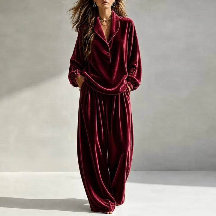Bexleyreth | Women's Casual Stretch Velvet Wide Leg Set — Wine Red