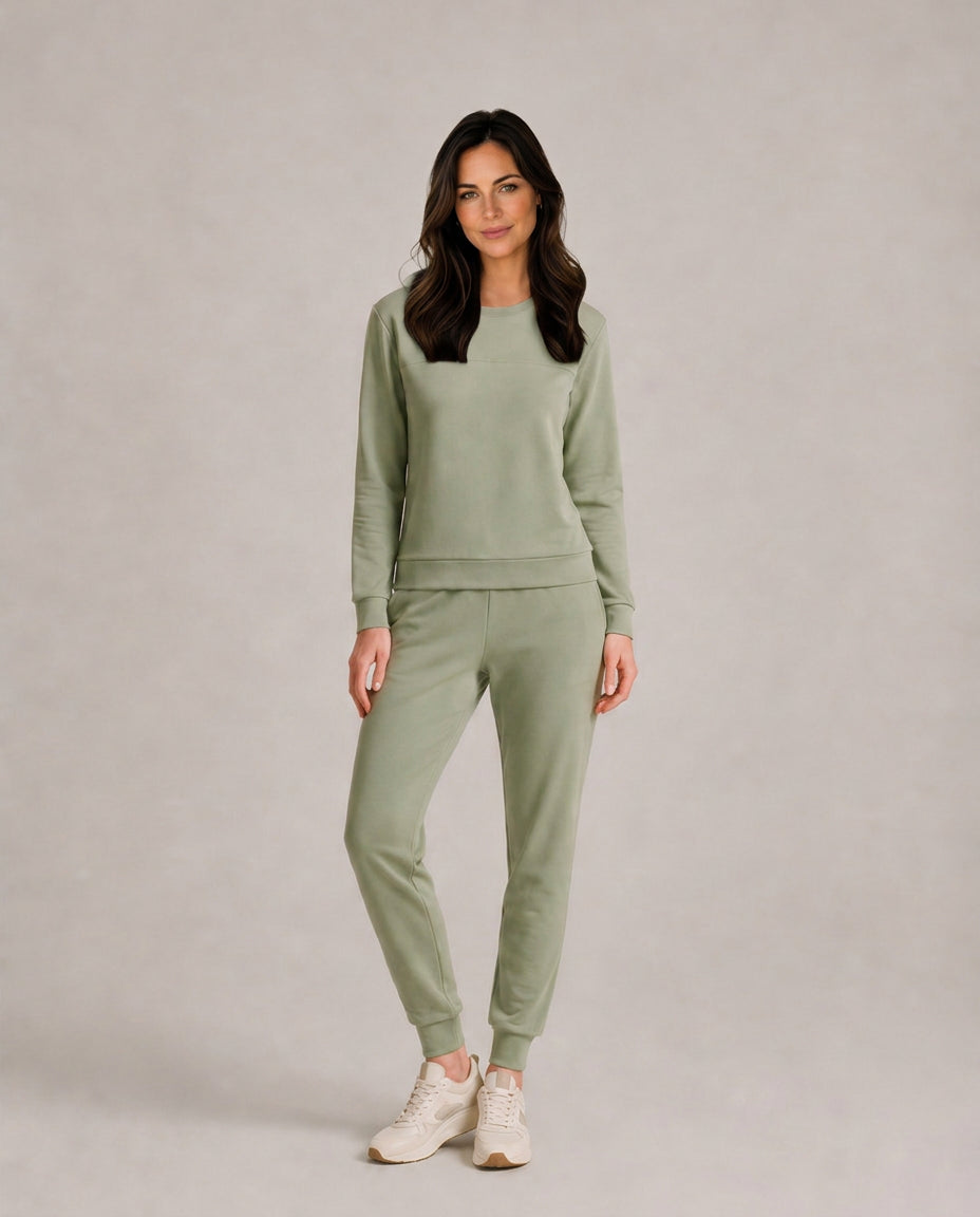 Bexlyn | Women's Casual Stretch Thermal Velour Long Sleeve Lounge Set — Sage Green
