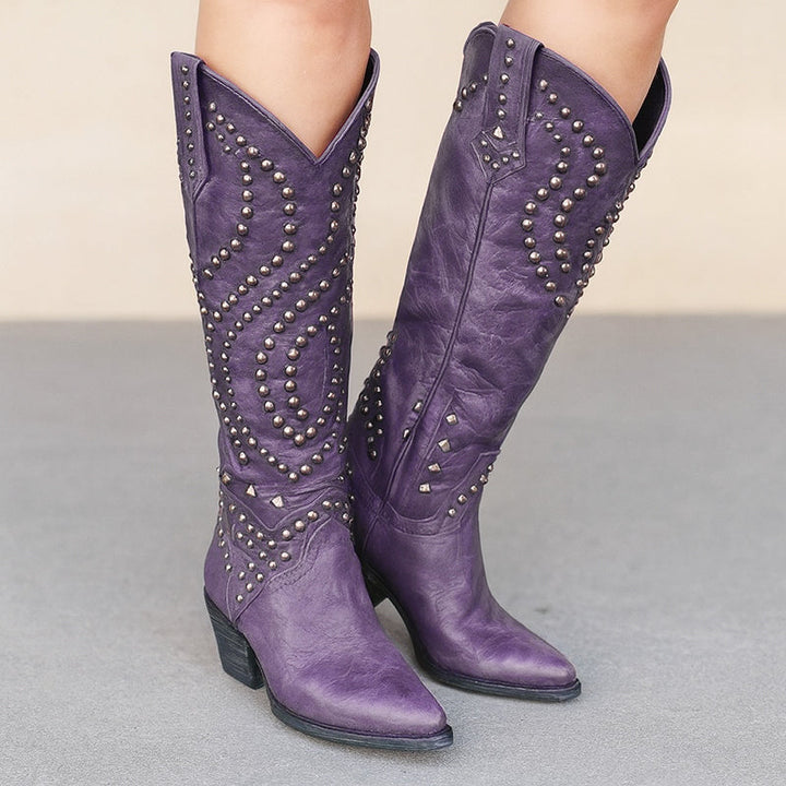 Billie | Women's Vintage-Style Studded Western Boots — Purple