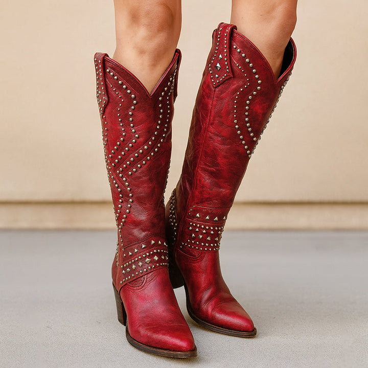 Billie | Women's Vintage-Style Studded Western Boots — Red