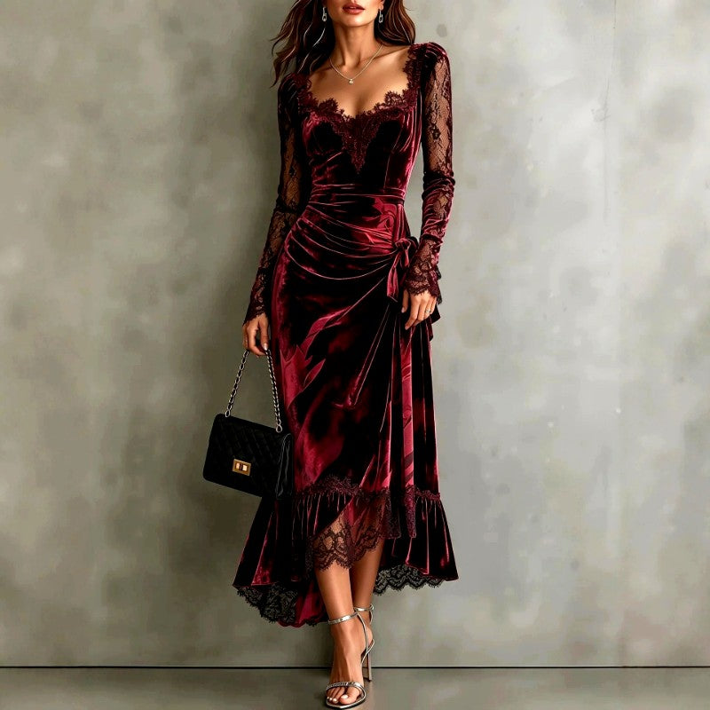 Blythette | Women's Elegant Velvet Lace Formal Evening Dress — Red