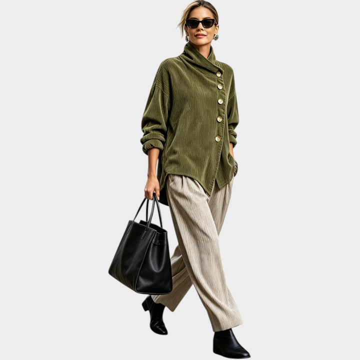 Bradly | Women's Cozy Corduroy Cardigan Top Funnel Neck Asymmetric Hem — 2
