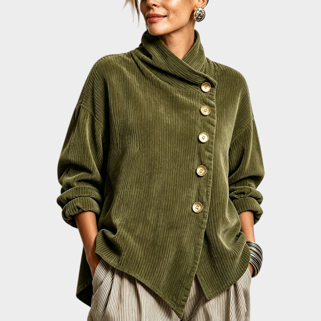 Bradly | Women's Cozy Corduroy Cardigan Top Funnel Neck Asymmetric Hem — Olive Green