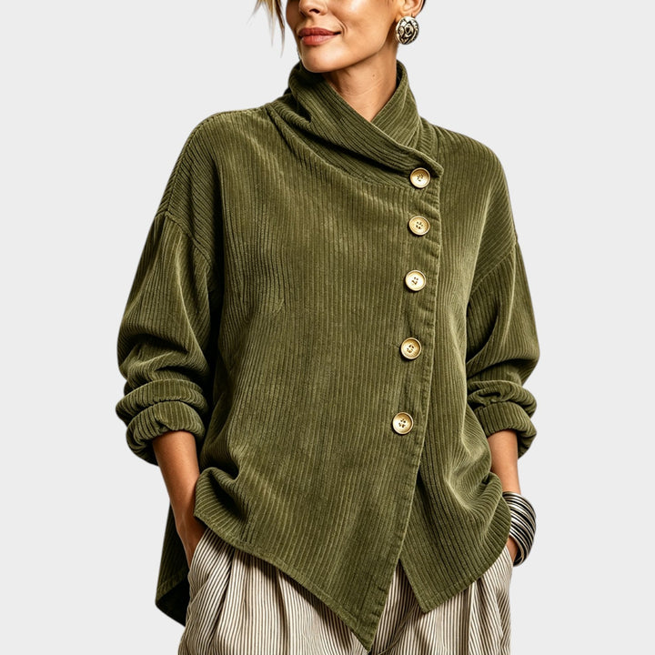 Bradly | Women's Cozy Corduroy Cardigan Top Funnel Neck Asymmetric Hem — Olive Green