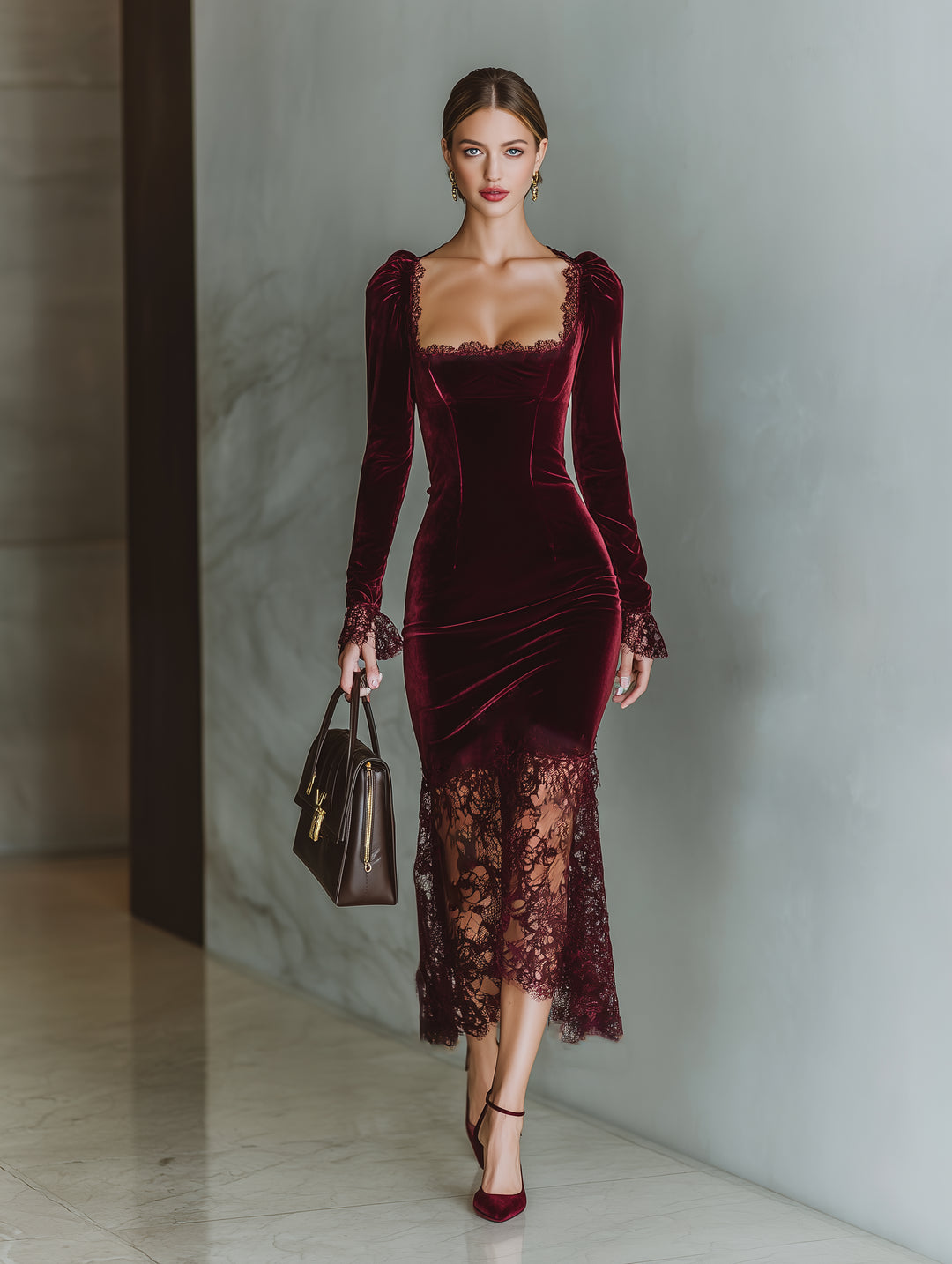 Brandon | Women's Elegant Burgundy Velvet Lace Fitted Maxi Dress — 2