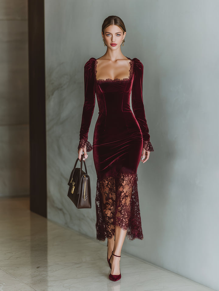 Brandon | Women's Elegant Burgundy Velvet Lace Fitted Maxi Dress — 2