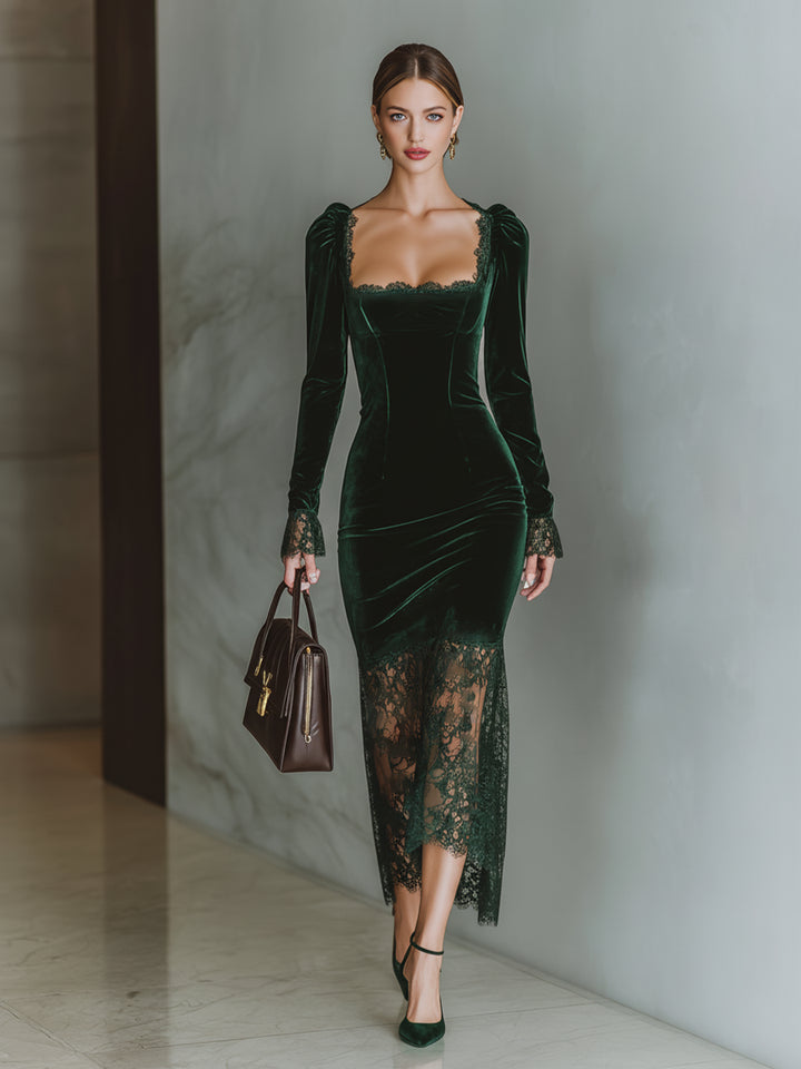 Brandon | Women's Elegant Burgundy Velvet Lace Fitted Maxi Dress — Dark green